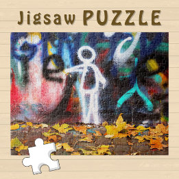 落書きの壁の上の白いキャラクターと紅葉 - ジグソーパズル