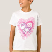 落書きの花及びハートのTシャツとのかわいいユニコーン Tシャツ (正面)