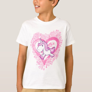 落書きの花及びハートのTシャツとのかわいいユニコーン Tシャツ