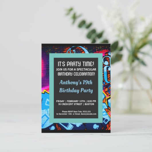 落書きの青いAbstarctの誕生日の招待状 招待状 (スタンド正面)