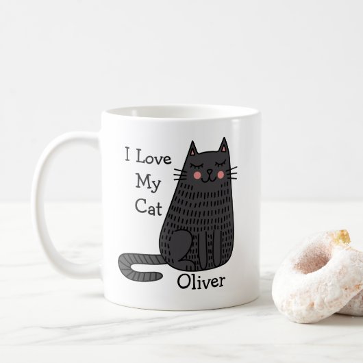 落書きアート風のキャラクター猫+カスタマイズ可能な名前 コーヒーマグカップ (ドーナツ)
