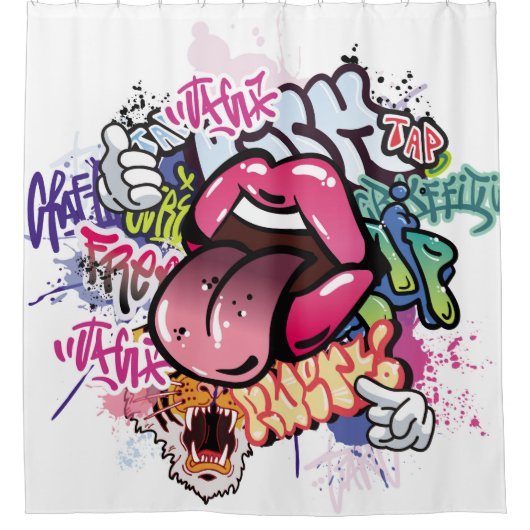 落書きイラストレーションと通り落書き文字 シャワーカーテン (正面)