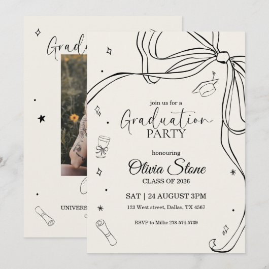 落書きスタイルのシニア卒業パーティー手描き 招待状 (正面/裏面)