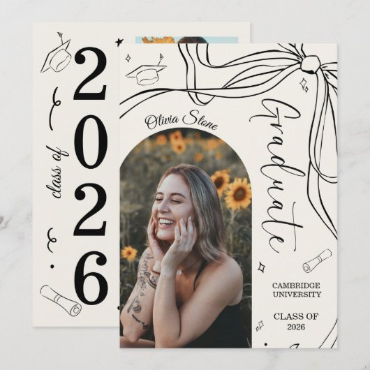 落書きスタイルのシニア卒業パーティー手描き 案内状 (正面/裏面)