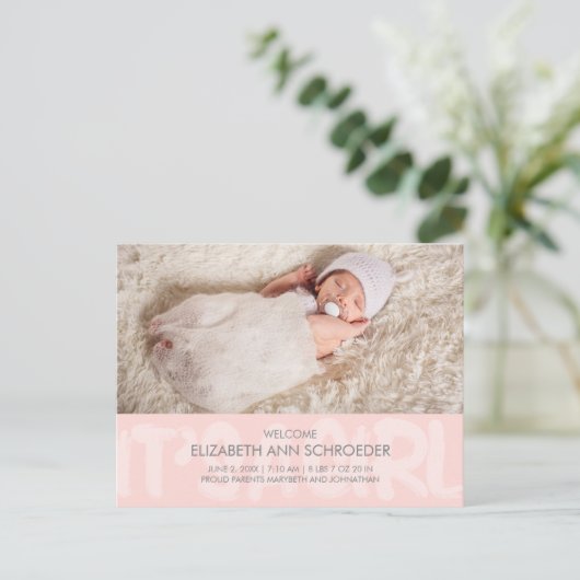 落書きピンクベビー誕生発表葉書 ポストカード (スタンド正面)