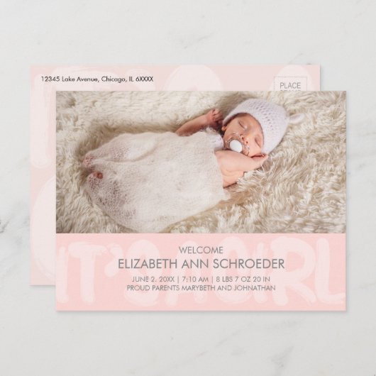 落書きピンクベビー誕生発表葉書 ポストカード (正面/裏面)