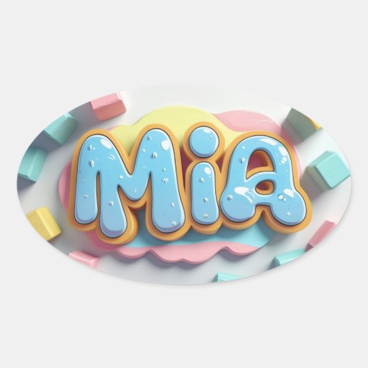 落書きフォントで書かれたMia 楕円形シール (正面)
