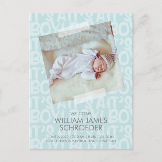 落書きブルーベビー誕生発表葉書 ポストカード (正面)
