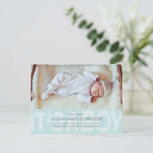 落書きブルーベビー誕生発表葉書 ポストカード (スタンド正面)