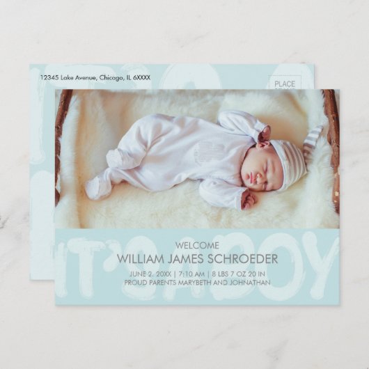 落書きブルーベビー誕生発表葉書 ポストカード (正面/裏面)