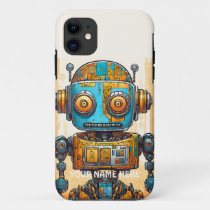 落書きロボットブルー金ゴールド未来的ヴィンテージ iPhone 11 ケース