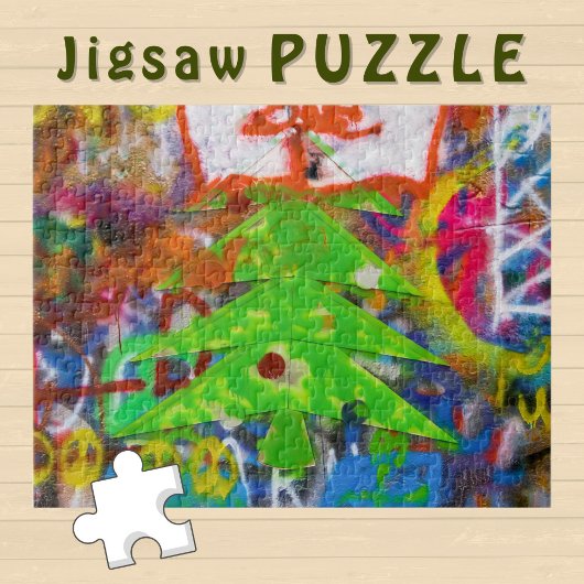 落書き壁に緑のクリスマスツリー –  ジグソーパズル