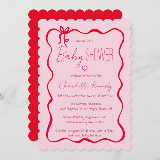 落書き手描きドードルボウ赤ちゃんシャワー 招待状 (正面/裏面)