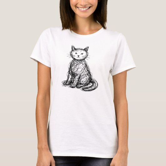 落書き猫抽象スケッチミニマリスト猫アート Tシャツ (正面)