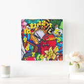 落書き背景（落書き付き）–13 スクエア壁時計 (ホーム)