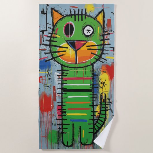 落書き風キャラクター猫のストリートアート ビーチタオル (正面)