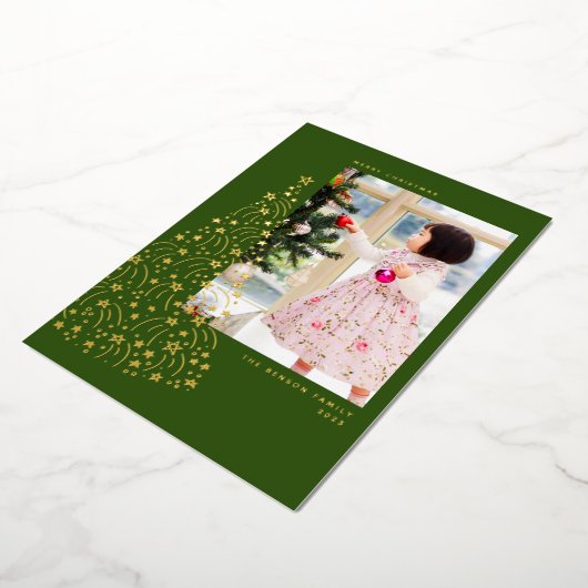 落書き スター ツリー 緑 縦 本物のホイルで飾られた 休日のグリーティングカード 箔シーズンカード (回転した状態)