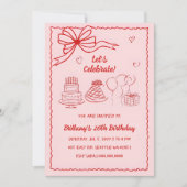 落書き 手描き ピンク 赤 コケティー リボン 誕生日 招待状 (正面)