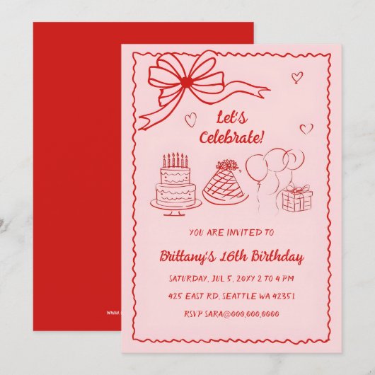 落書き 手描き ピンク 赤 コケティー リボン 誕生日 招待状 (正面/裏面)