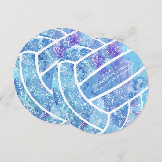 落書き 花 羽根模様 青い バレーボール 招待状 (正面/裏面)