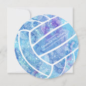 落書き 花 羽根模様 青い バレーボール 招待状 (正面)