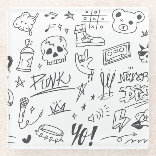 落書きDoodles：パンク音楽の落書き ガラスコースター (正面)