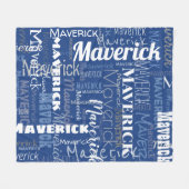 落書モダンき青のロングネームパターン フリースブランケット (正面(横))