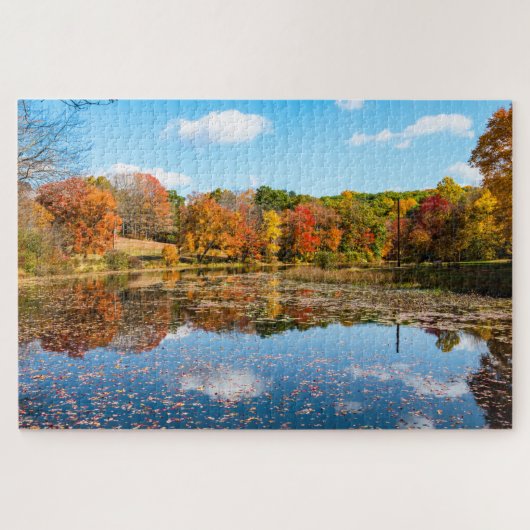 落葉樹に囲まカラフルれた池 ジグソーパズル (横)