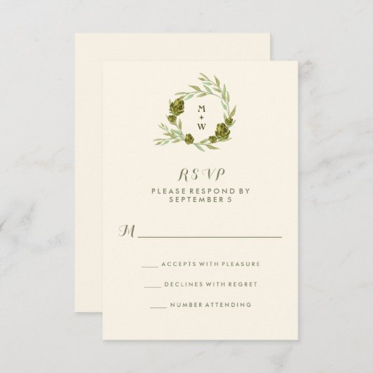 葉およびアーティチョークRSVPが付いている植物のリース 出欠カード (正面/裏面)