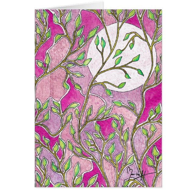 葉および月-ピンクの水彩画 (正面)