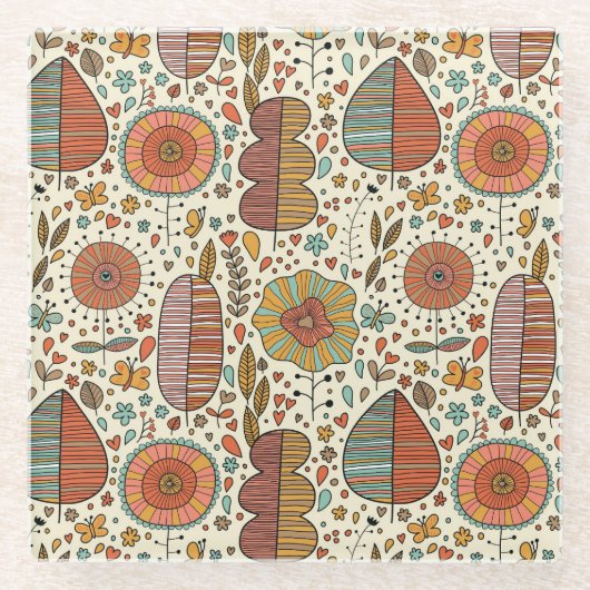 葉から成っている夏の花パターン ガラスコースター (正面)