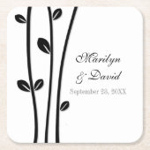 葉が付いた黒い枝 スクエアペーパーコースター (正面)