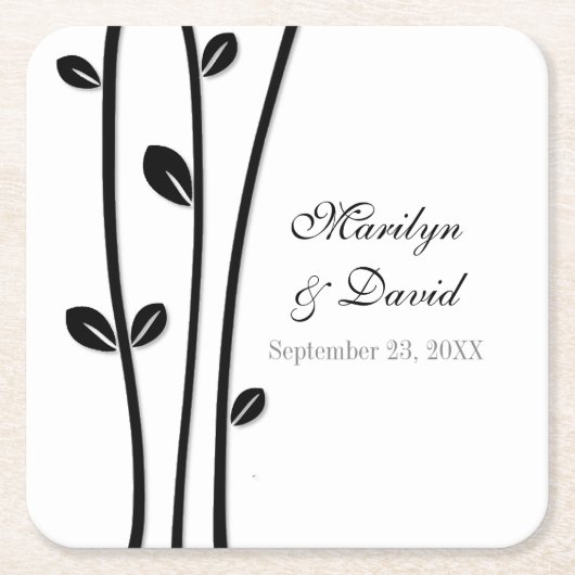 葉が付いた黒い枝 スクエアペーパーコースター (正面)