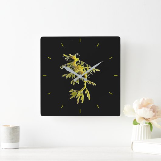 葉が多い海のドラゴンのタツノオトシゴが付いている時計 スクエア壁時計 (ホーム)