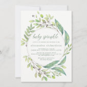 葉が多い緑|の水彩画のリースのベビーは振りかけます 招待状 (正面)