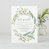 葉が多い緑|の水彩画のリースのベビーは振りかけます 招待状 (スタンド正面)