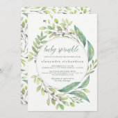 葉が多い緑|の水彩画のリースのベビーは振りかけます 招待状 (正面/裏面)