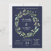 葉が多い緑|の濃紺の水彩画のリースの結婚式 招待状 (正面)