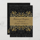 葉が多い金渦巻、黒いダマスク織の退職 招待状 (正面/裏面)