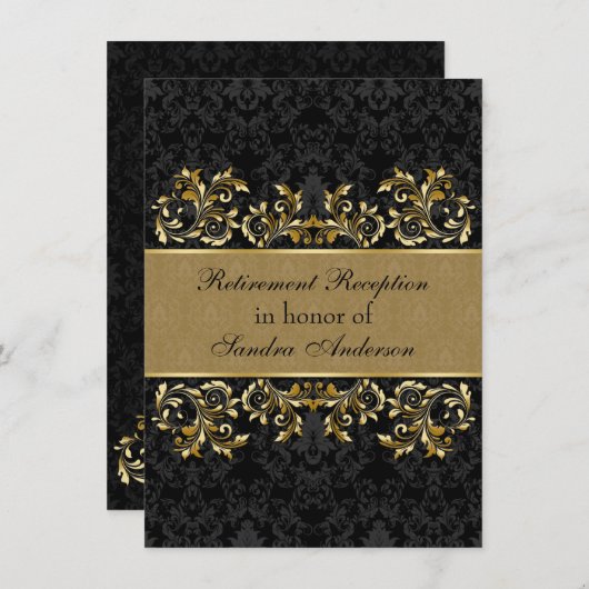 葉が多い金渦巻、黒いダマスク織の退職 招待状 (正面/裏面)