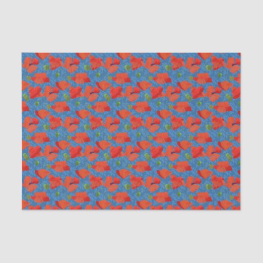 葉が多い青の深紅のケシの花パターン 薄葉紙 (正面)