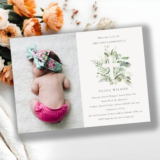 葉が最初の聖餐式を横断する写真招待状 サンキューカード