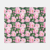 葉っぱがピンク色の牡丹に咲く フリースブランケット (正面(横))