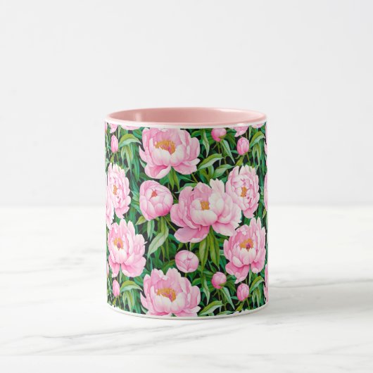 葉っぱがピンク色の牡丹に咲く マグカップ (中央)