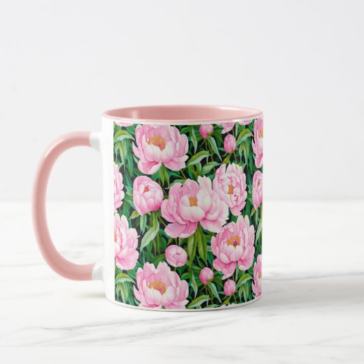 葉っぱがピンク色の牡丹に咲く マグカップ (左)