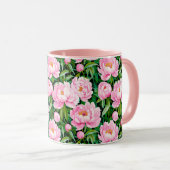 葉っぱがピンク色の牡丹に咲く マグカップ (正面右)