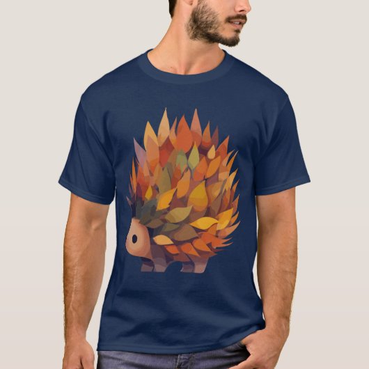 葉っぱでできたハリネズミの秋 可愛い Tシャツ (正面)