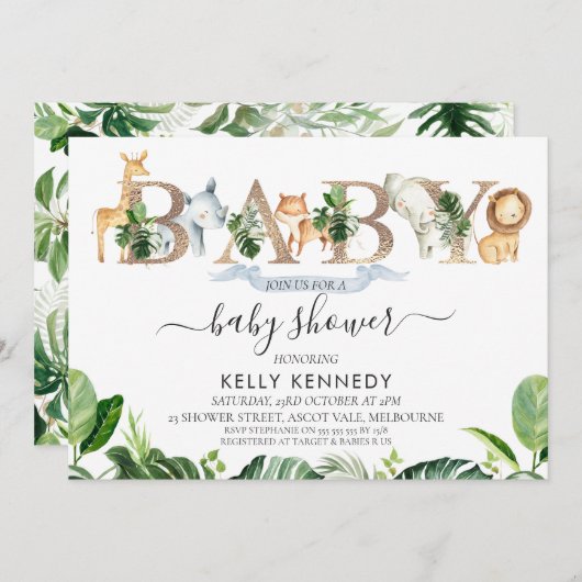 葉っぱのサファリ動物の言葉 赤ちゃんのお披露目招待状 招待状 (正面/裏面)
