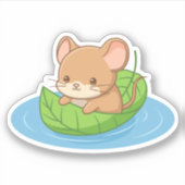 葉っぱのボートに乗ったかわいいネズミ シール (正面)