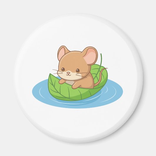 葉っぱのボートに乗ったかわいいネズミ マグネット (正面)